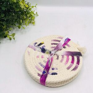 One Set of 4 Rope Coffee Coasters Cotton Purple Pansies Sunroom Cottage 4.25"